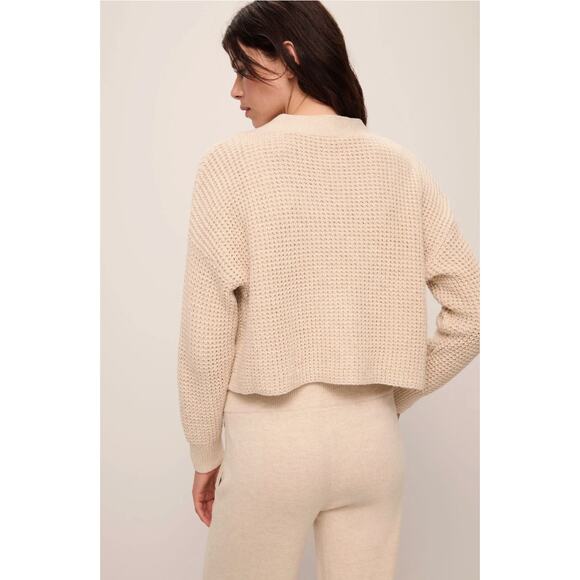 Eberjey Sweater Small Recycled Cardigan Oat Chunky Waffle Knit Cropped Cute Cozy - Picture 3 of 12